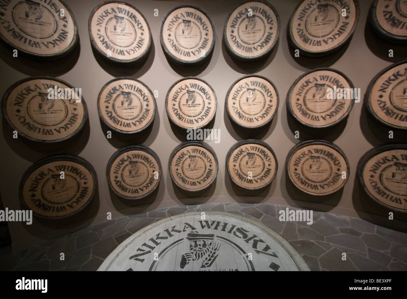 Wooden whiskey barrels on display at the Nikka Whiskey museum in Yoichi, Hokkaido, Japan. Stock Photo