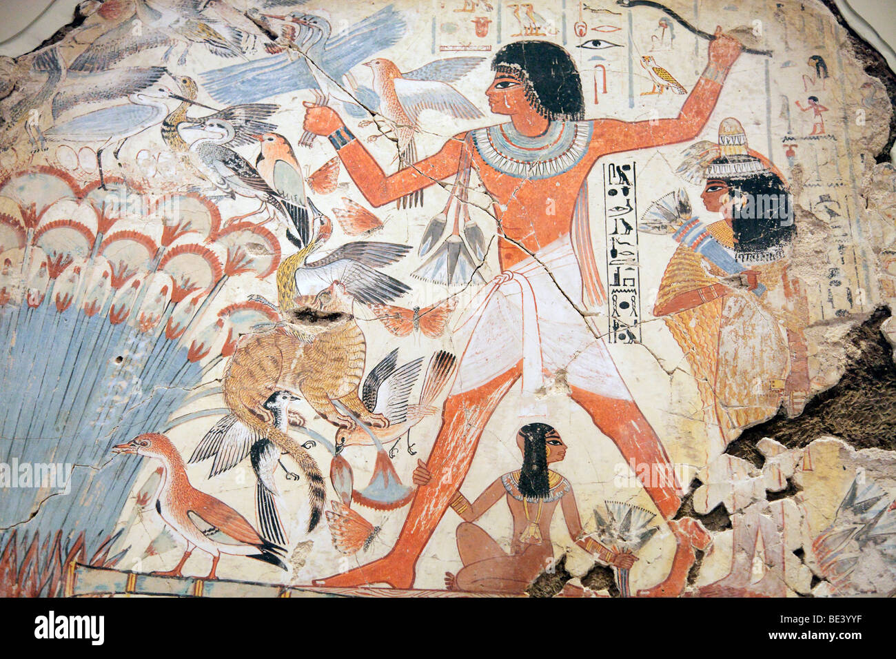 Egyptian wall painting of Nebamun hunting in the marshes 2 - British Museum Stock Photo