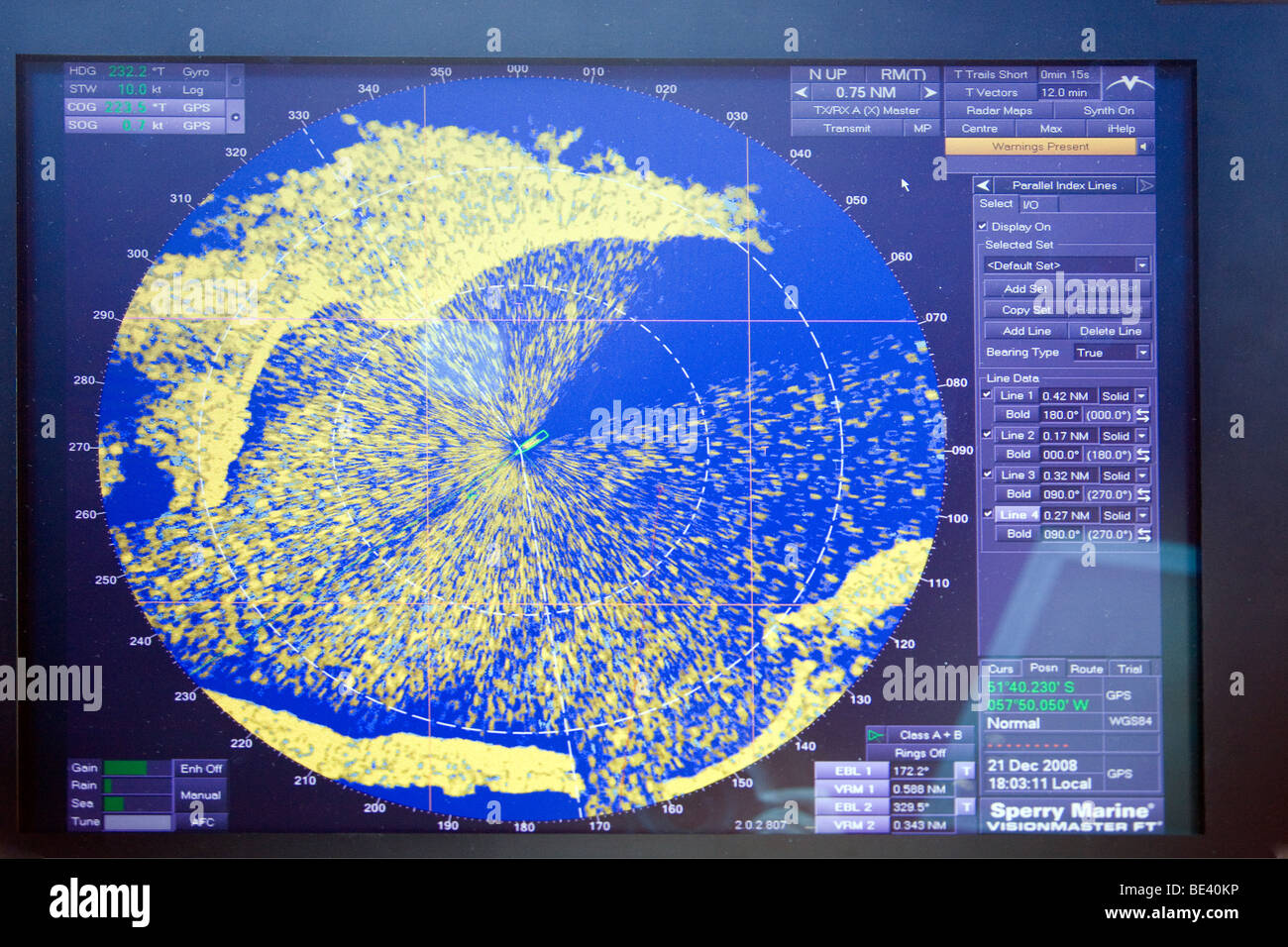 Ship's radar showing Force 12 Gale, Stanley Harbour, Falkland Islands Stock Photo