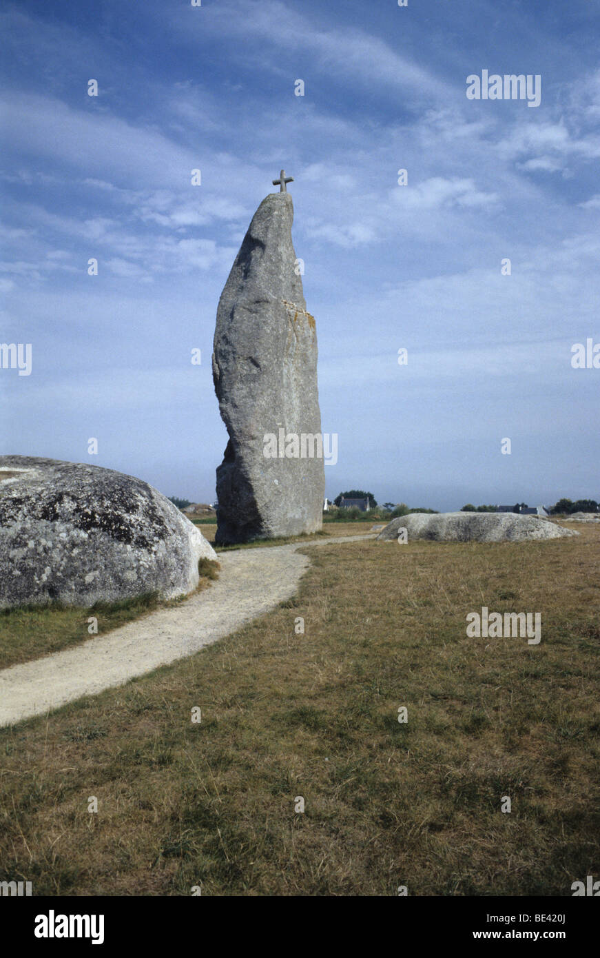 Christianised menhir at Men-Marz near Brignogan, Brittany Stock Photo