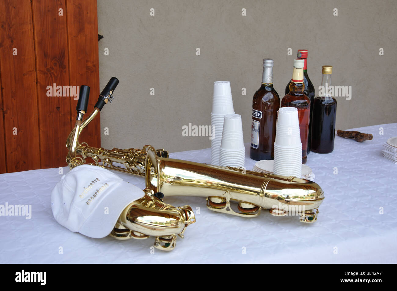 Music and alcohol at the beginning of a lunch to celebrate the fete at Marie Village, Alpes Maritimes, France Stock Photo