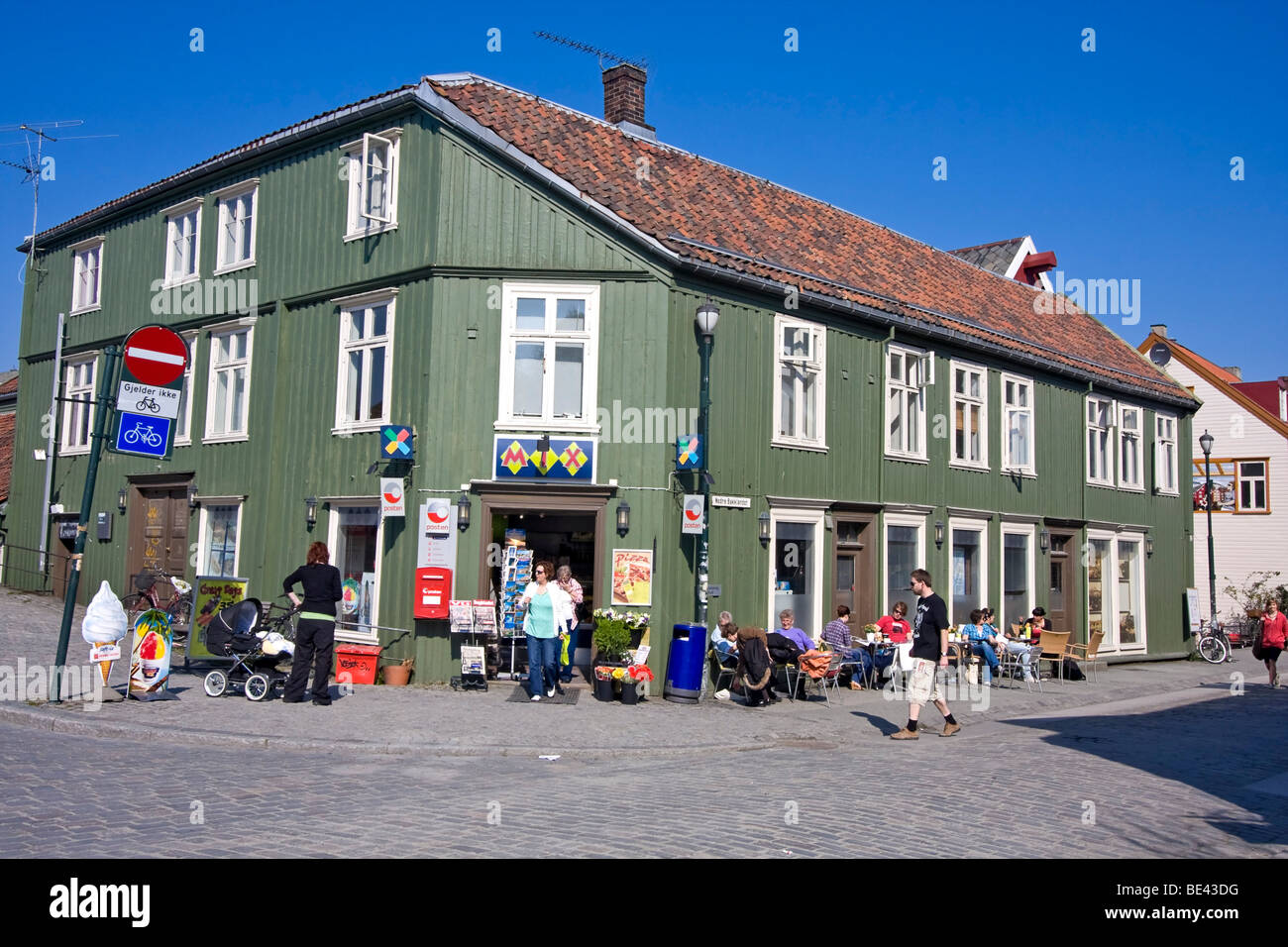 Street scene at Bakklandet area of the old section of Trondheim, Norway. Some of these wood buildings are centuries old. Stock Photo