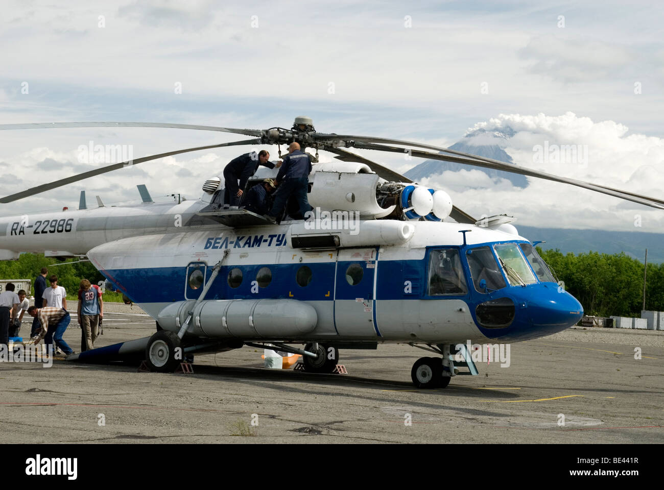 Preparing MI-8 helicopter, Yelizovo, Kamchatka, Russian Far East Stock Photo