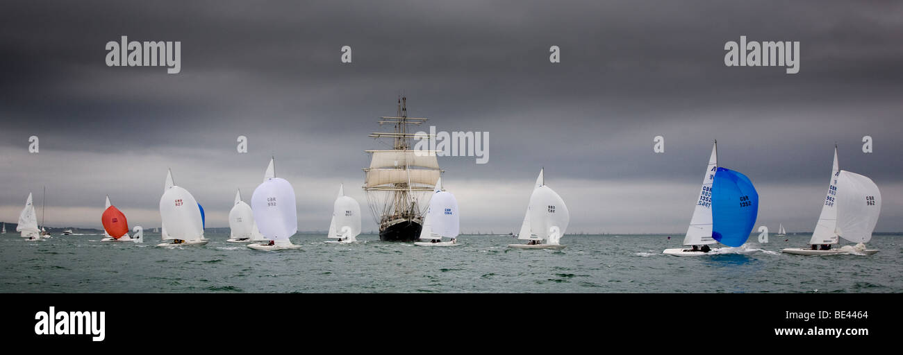 Sailing Old New Modern Big progress small fast slow square rigged spinnaker dinghy tall ship development advance modernisation Stock Photo