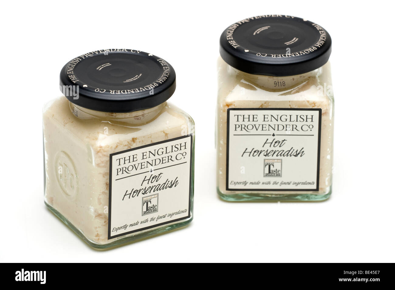 Two screw top jars of The'English Provender' hot Horseradish sauce Stock Photo