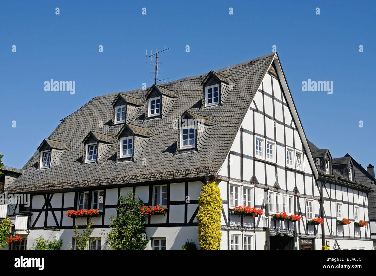 Roof, gable roof, windows, half-timbered house, Eversberg, village, Meschede, Sauerland region, North Rhine-Westphalia, Germany Stock Photo