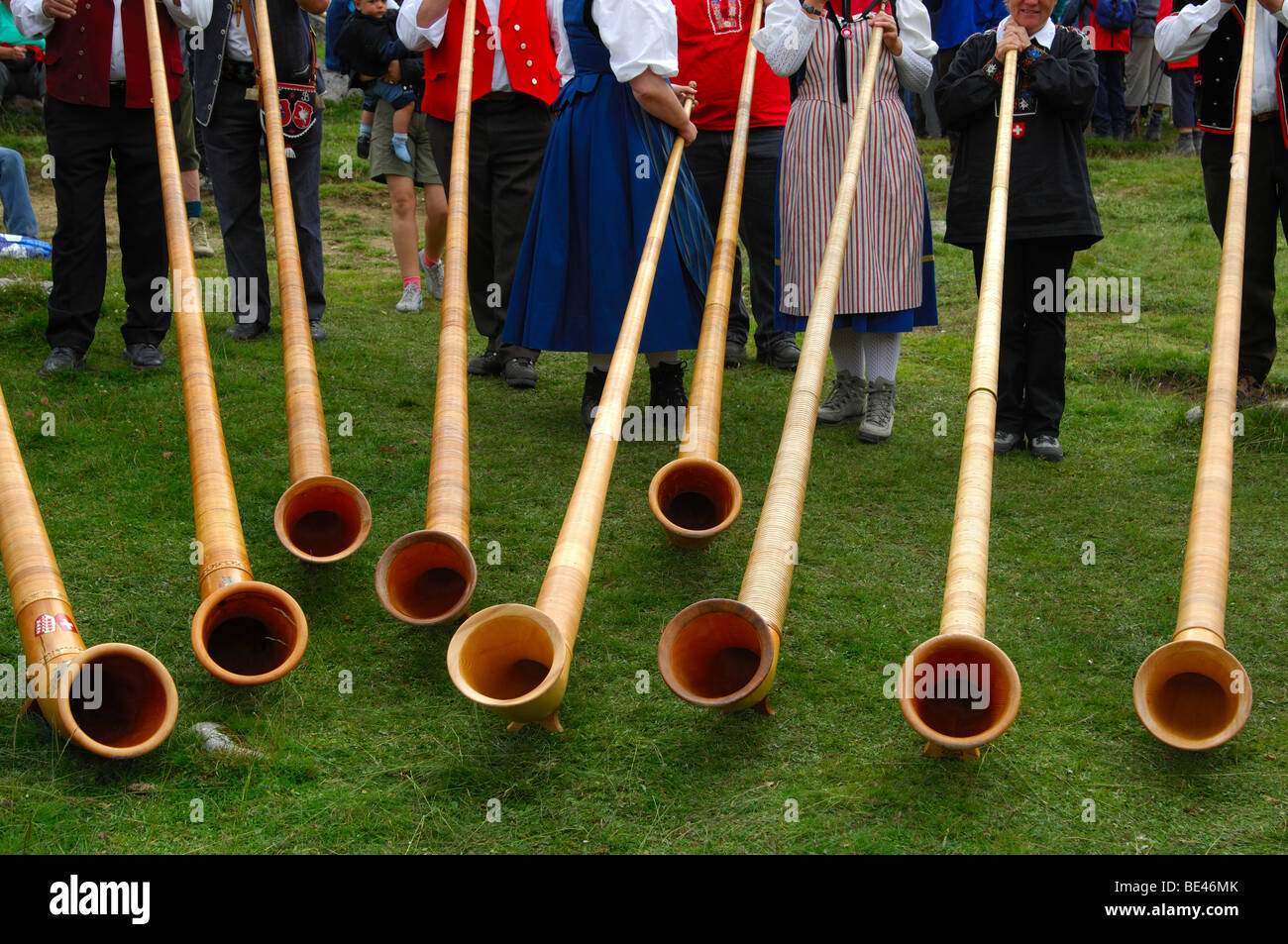 Swiss Alphorns at a Swiss folk festival, Valais, Switzerland Stock Photo
