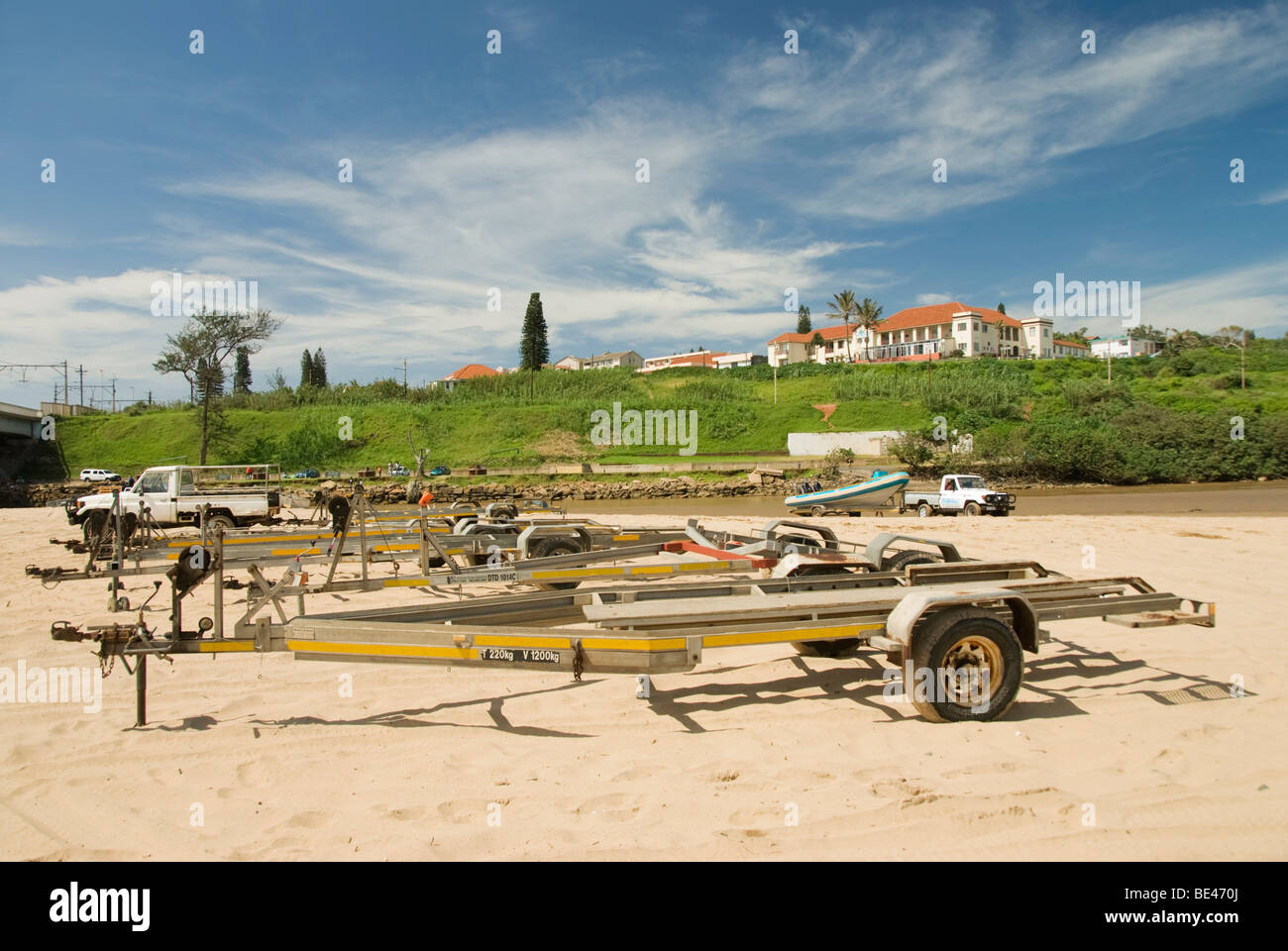 Dive charter boat trailers on the bank of the Umkomaas river on the East Coast of South Africa Stock Photo