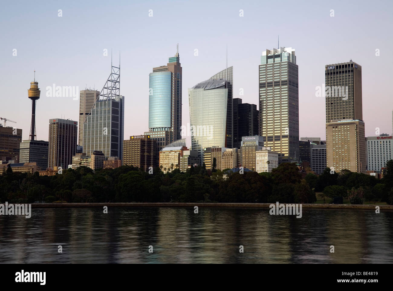View across Farm Cove to the Sydney city skyline at dawn. Sydney, New South Wales, AUSTRALIA Stock Photo