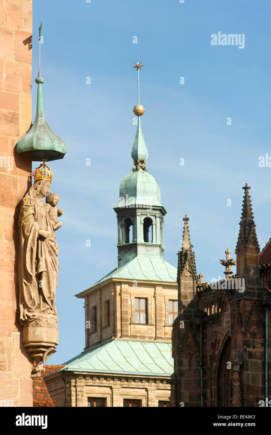 Old town ensemble, Mary with the Infant Jesus, Schuerstabhaus building, tower of the town hall, Wolfscher Bau building, Sebaldu Stock Photo
