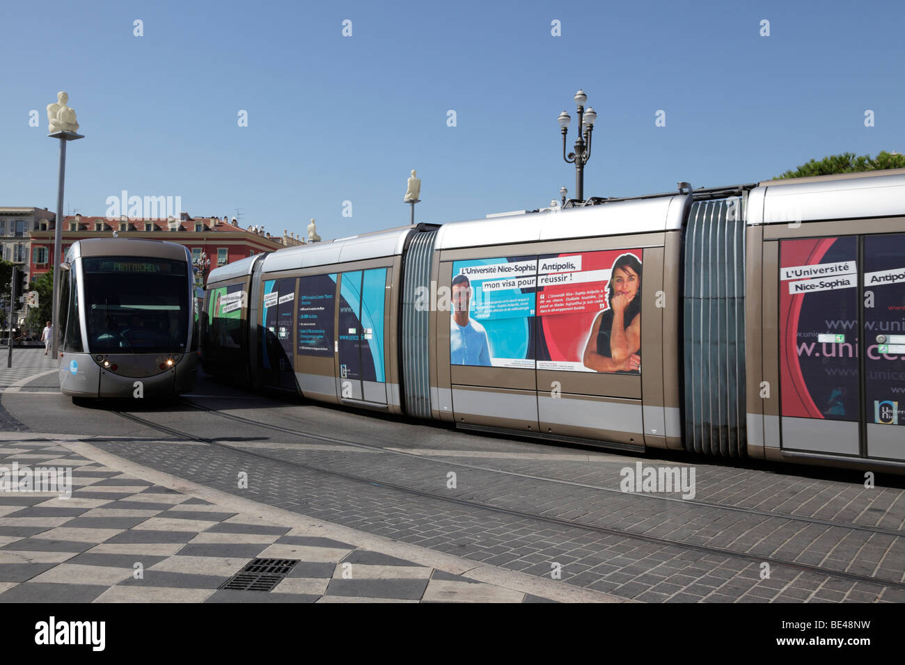 modern trams which started service in november 2007 at place massena the main square of the city nice south of france Stock Photo