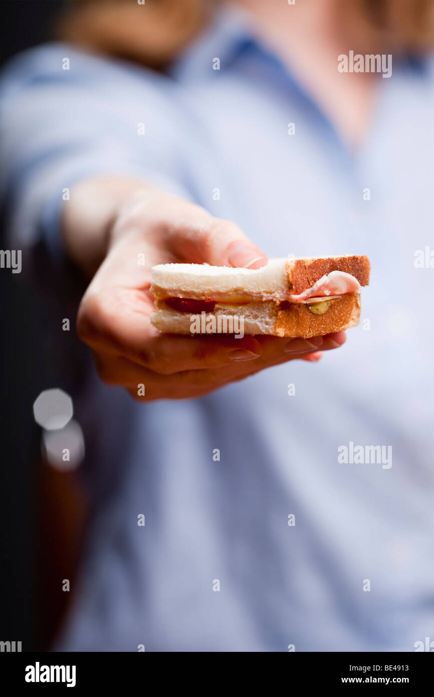 Detail shot of woman's hand offering a sandwich - focus on sandwich ...