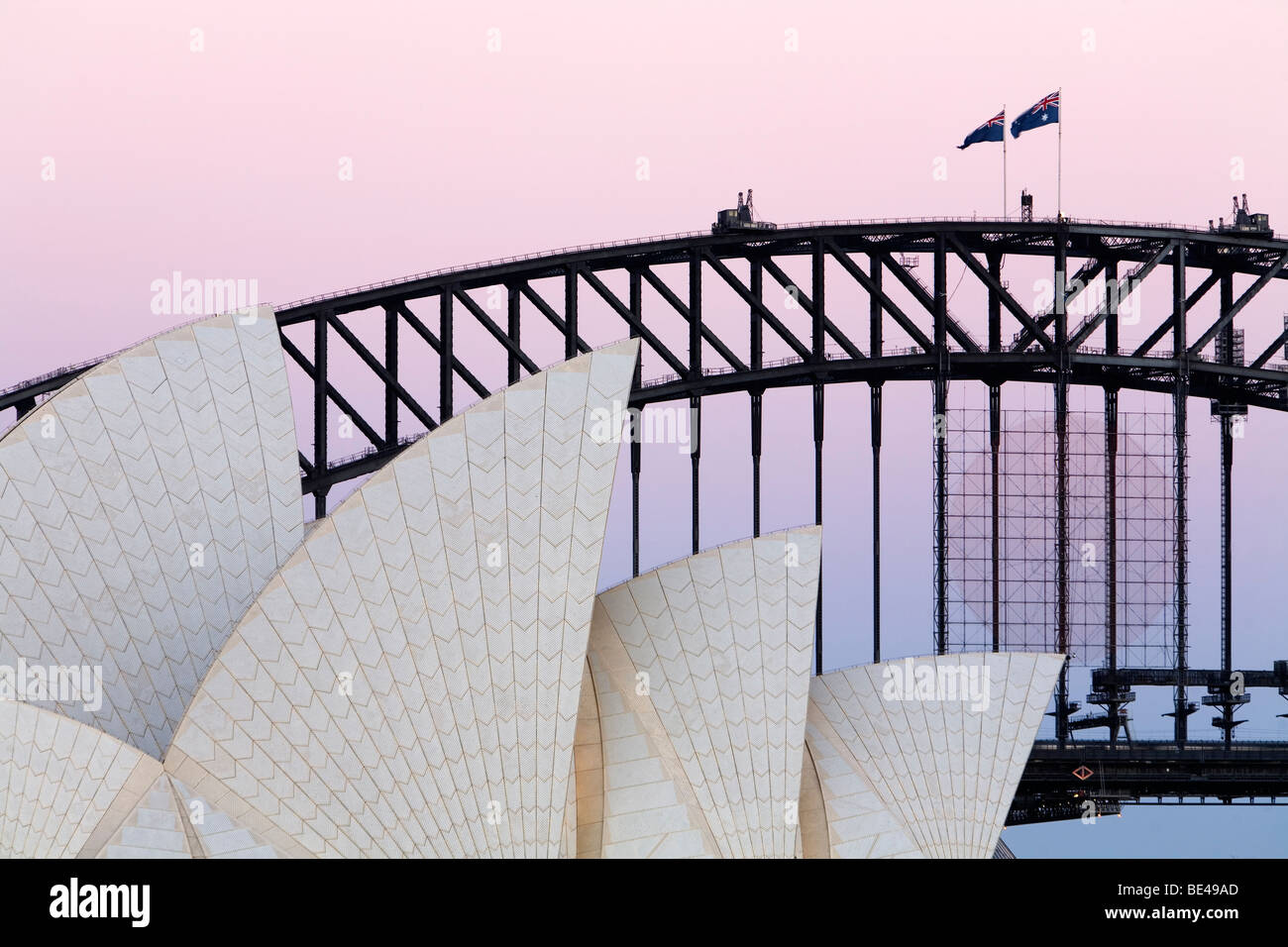 Iconic arches of the Sydney Opera House and Harbour Bridge. Sydney, New South Wales, AUSTRALIA Stock Photo