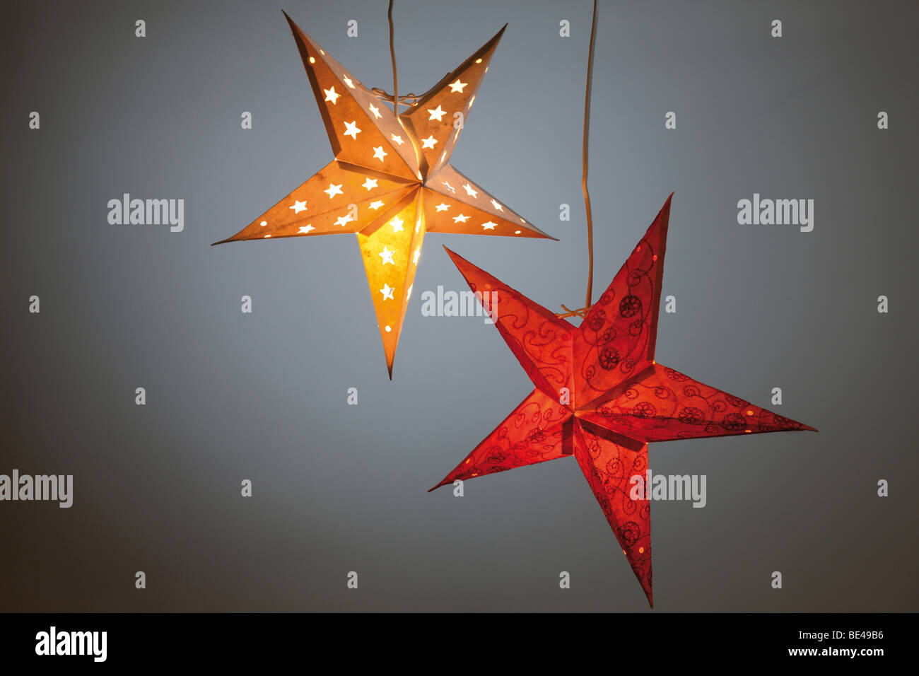 Illuminated stars, paper stars Stock Photo