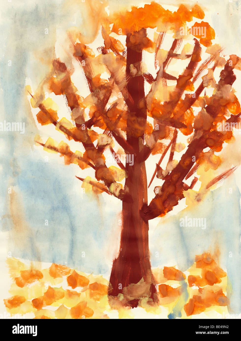 Children drawing a water color paint on a paper - brown tree Stock Photo -  Alamy