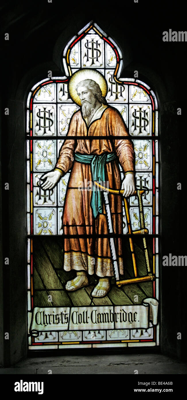 A Stained Glass Window Depicting Joseph as Carpenter, St John the Evangelist Church Washingborough, Lincolnshire Stock Photo