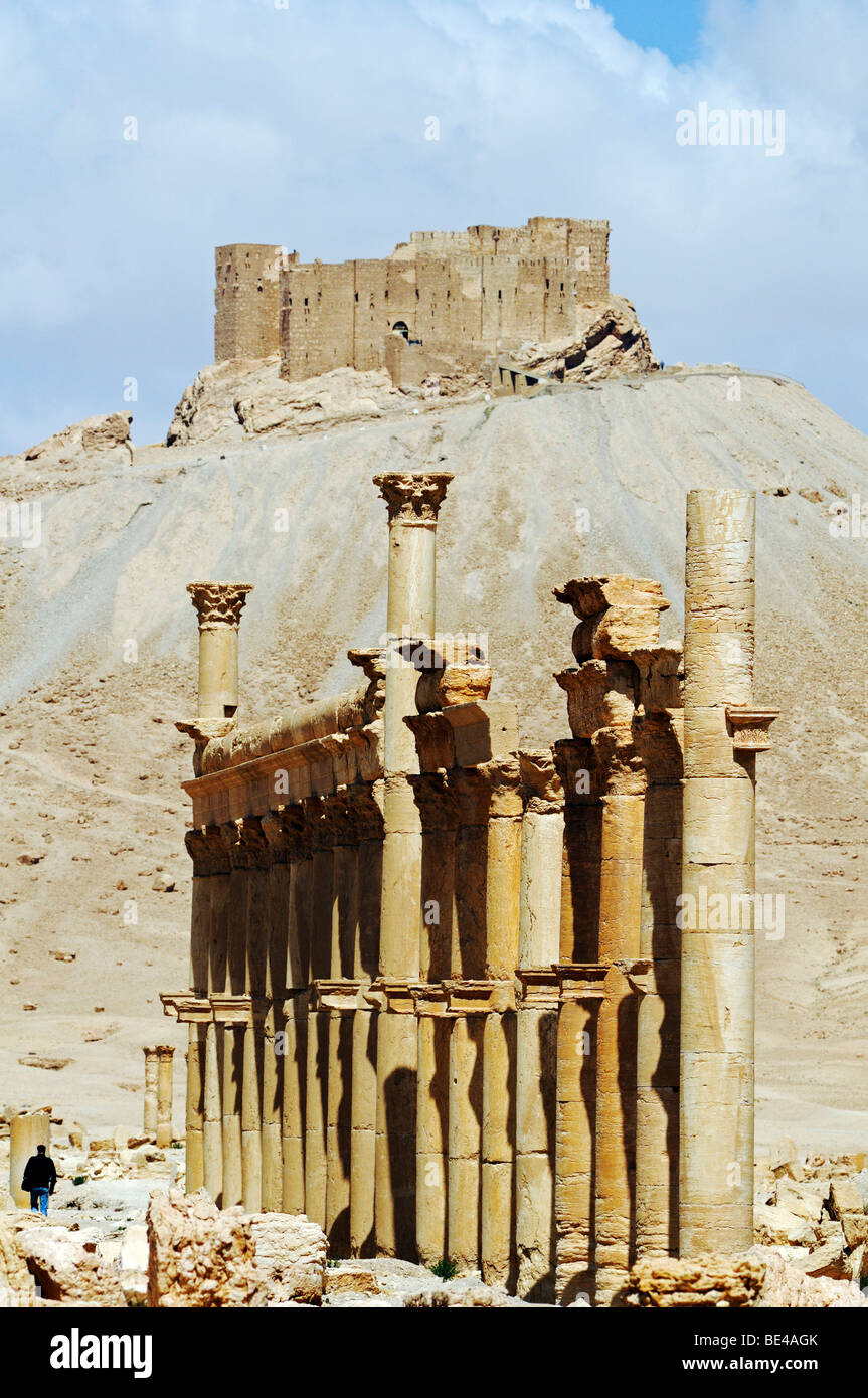 Ruins in the Palmyra archeological site, in the back castle Qala'at Ibn Ma'n, Tadmur, Syria, Asia Stock Photo