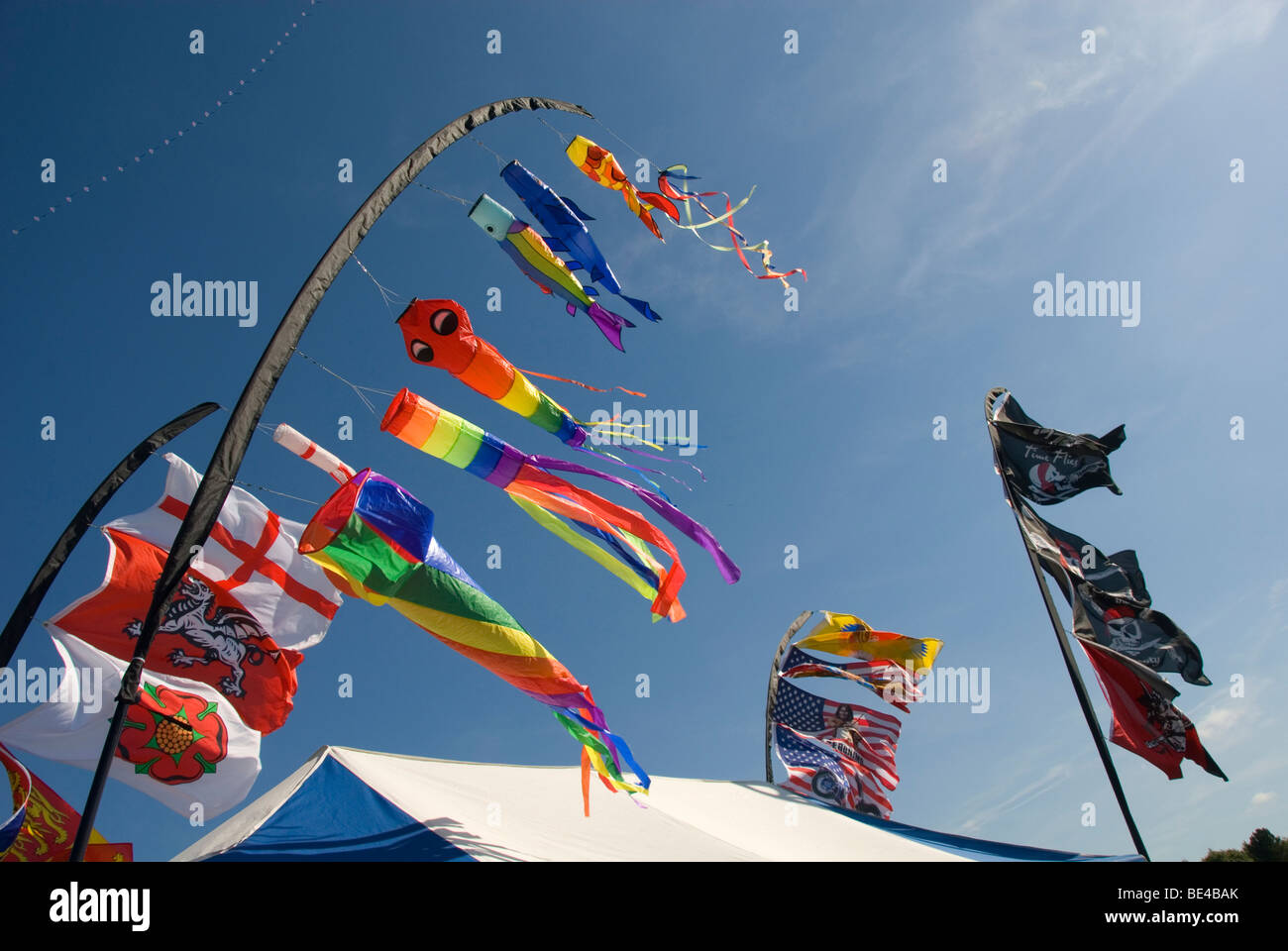 Flags and kites blowing in the wind, International Kite Festival