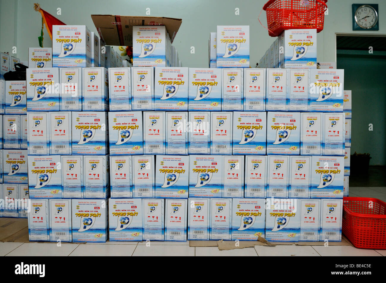 Cartons with the fish sauce Nuoc Mam, Phu Quoc, Vietnam, Asia Stock Photo