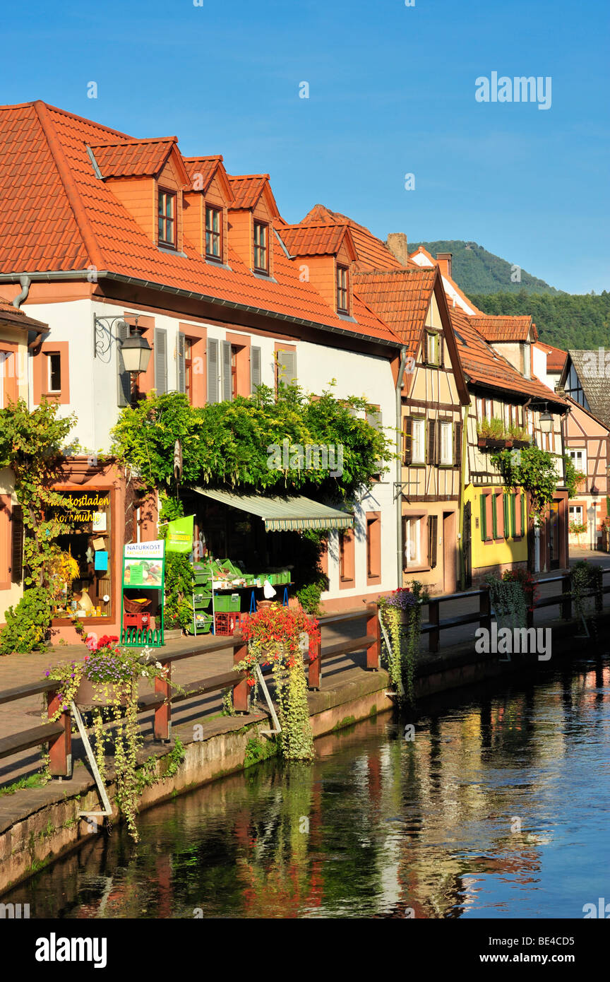 View of the Wassergasse lane with the river Queich, Annweiler, Naturpark Pfaelzerwald nature reserve, Palatinate, Rhineland-Pal Stock Photo