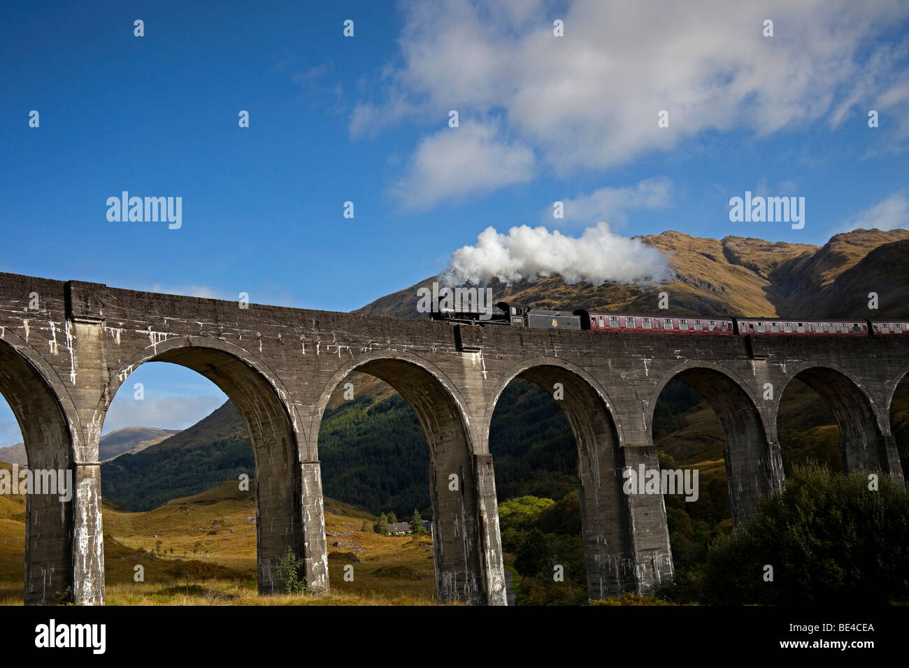 Jacobite Steam Train crossing Glenfinnan Viaduct, West Highland Line, Lochaber, Scotland, UK, Europe Stock Photo