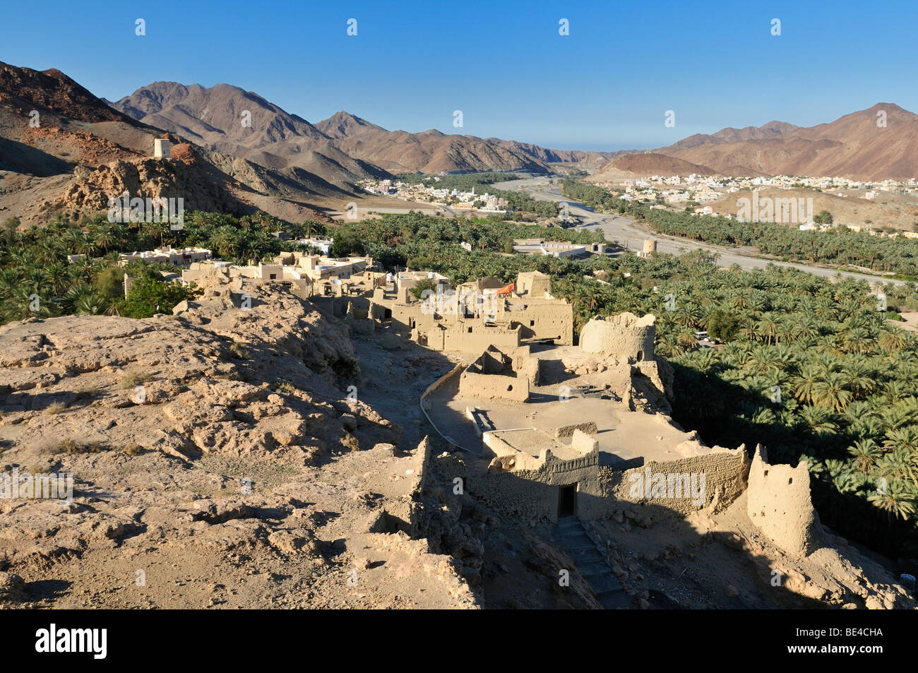 View over Franja oasis and Wadi Samail, Batinah Region, Sultanate of Oman, Arabia, Middle East Stock Photo