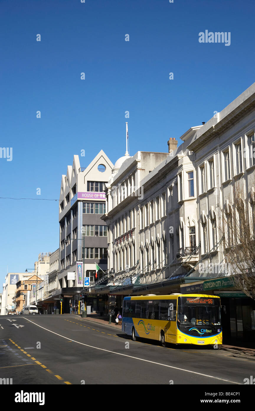 Passenger Bus and Historic Buildings, Princes Street, Dunedin, Otago, South Island, New Zealand Stock Photo