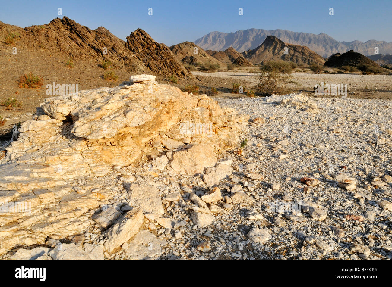Rocky desert landscape, Hajar ash Sharqi Mountains, Sharqiya Region, Sultanate of Oman, Arabia, Middle East Stock Photo