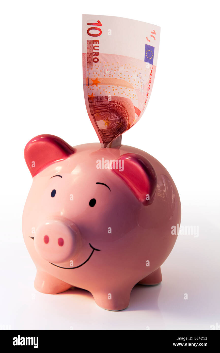 Piggy bank studio shot against a white background with 10 euro note Stock Photo