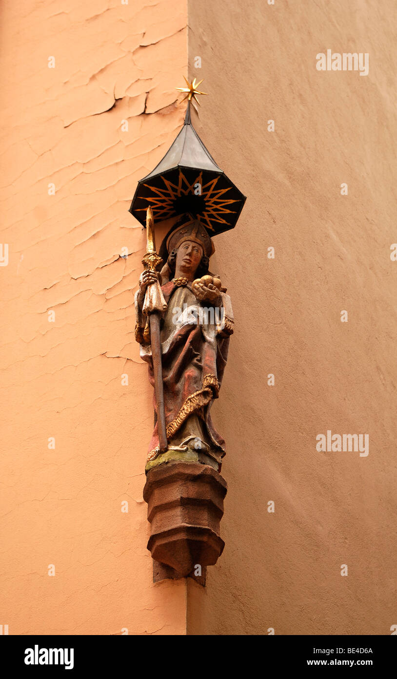 Statue of a Saint on the corner of a house, Nuremberg, Middle Franconia, Bavaria, Germany, Europe Stock Photo