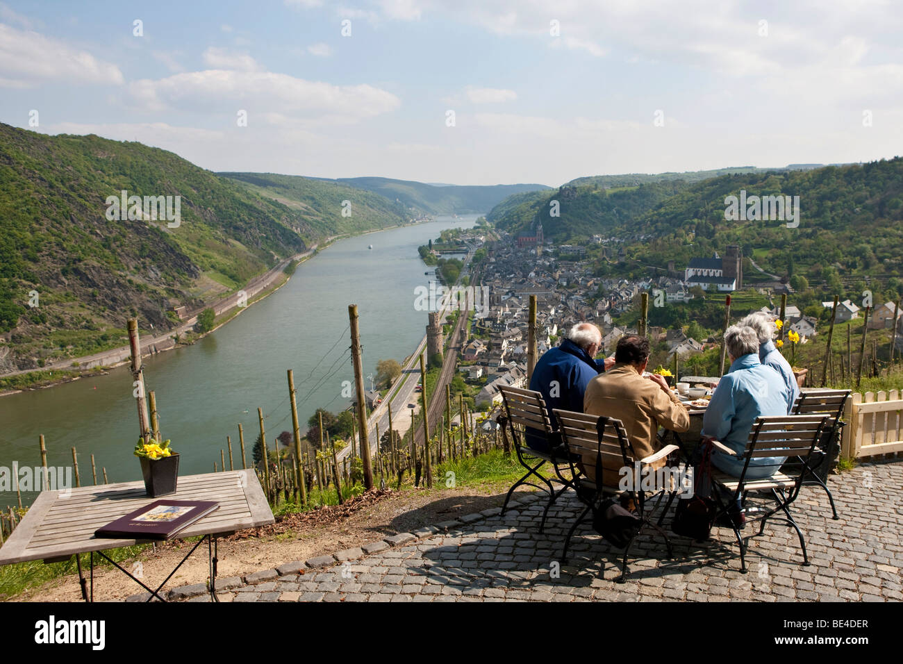 View from day tripper's restaurant over the wine town of Oberwesel am Rhein, in front of Schoenbrunn Castle, Oberwesel, Rhein-H Stock Photo
