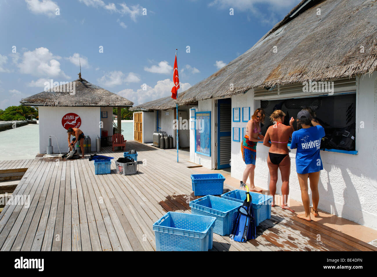 Divers at the reception of Euro Divers, dive shop, Maldive island