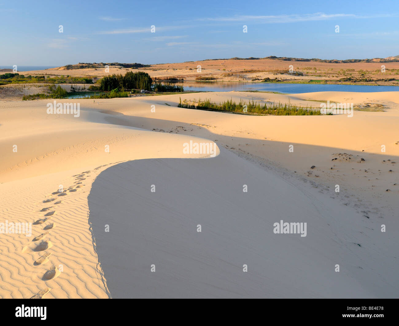Footprints in desert landscape and White Sand Dune, Bau Ba 'Vietnamese Sahara', Bao Trang, White Lake, Vietnam, Asia Stock Photo
