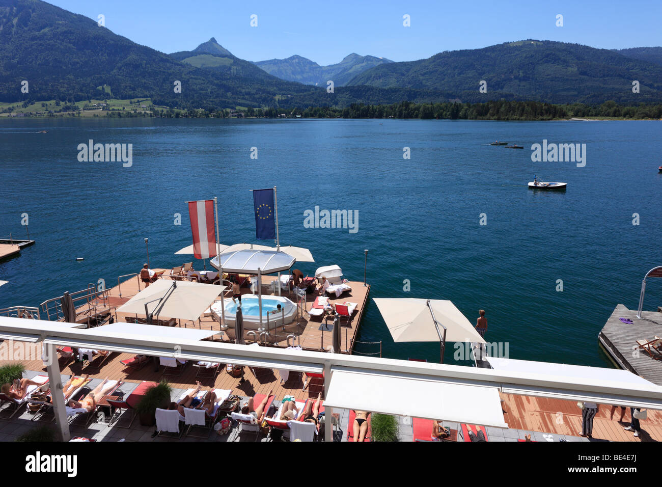 Bathing terrace of Hotel Weisses Roessl, St. Wolfgang, Wolfgangsee lake, Salzkammergut region, Upper Austria, Austria, Europe Stock Photo