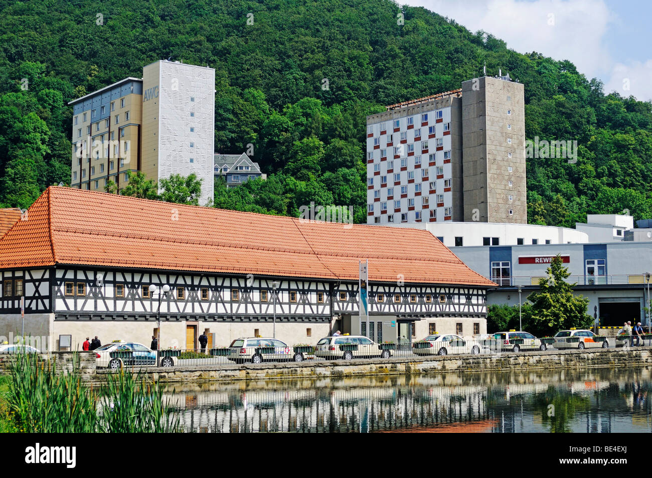 Weapons museum and prefabricated concrete buildings of the GDR, in the back Domberg mountain, Suhl, Thuringia, Germany, Europe Stock Photo