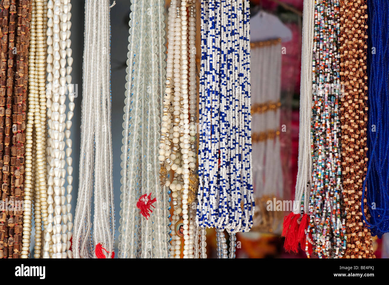 Japamala prayer beads on an indian market stall. Andhra Pradesh, India Stock Photo