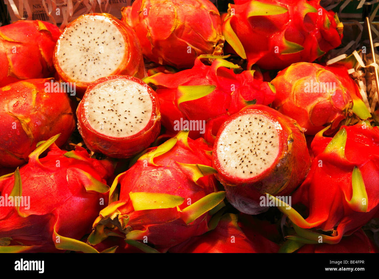 Dragon fruit (Pitaya) on market stall in Spain Stock Photo