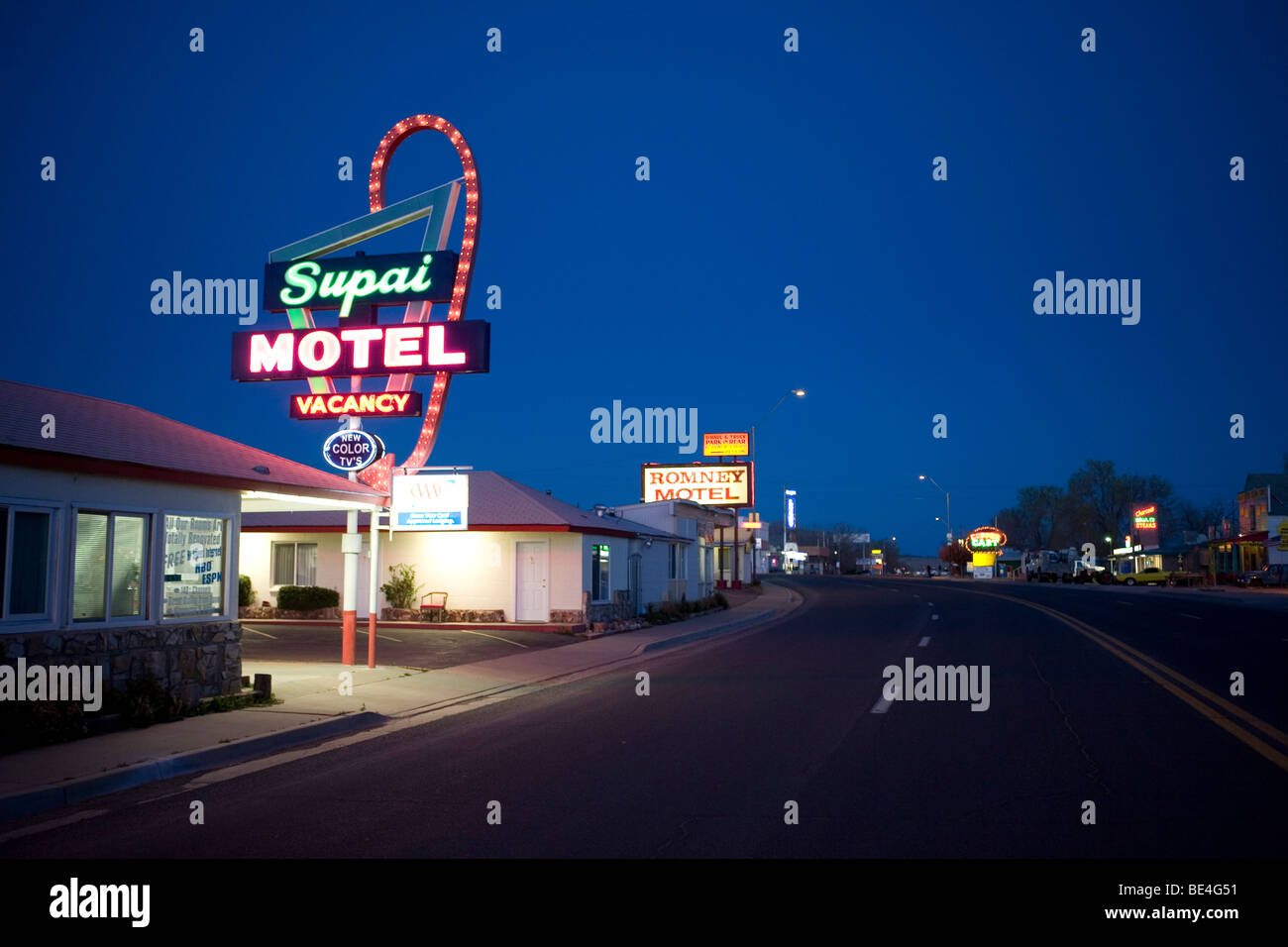 A classic neon motel sign along route 66 in Arizona. Stock Photo