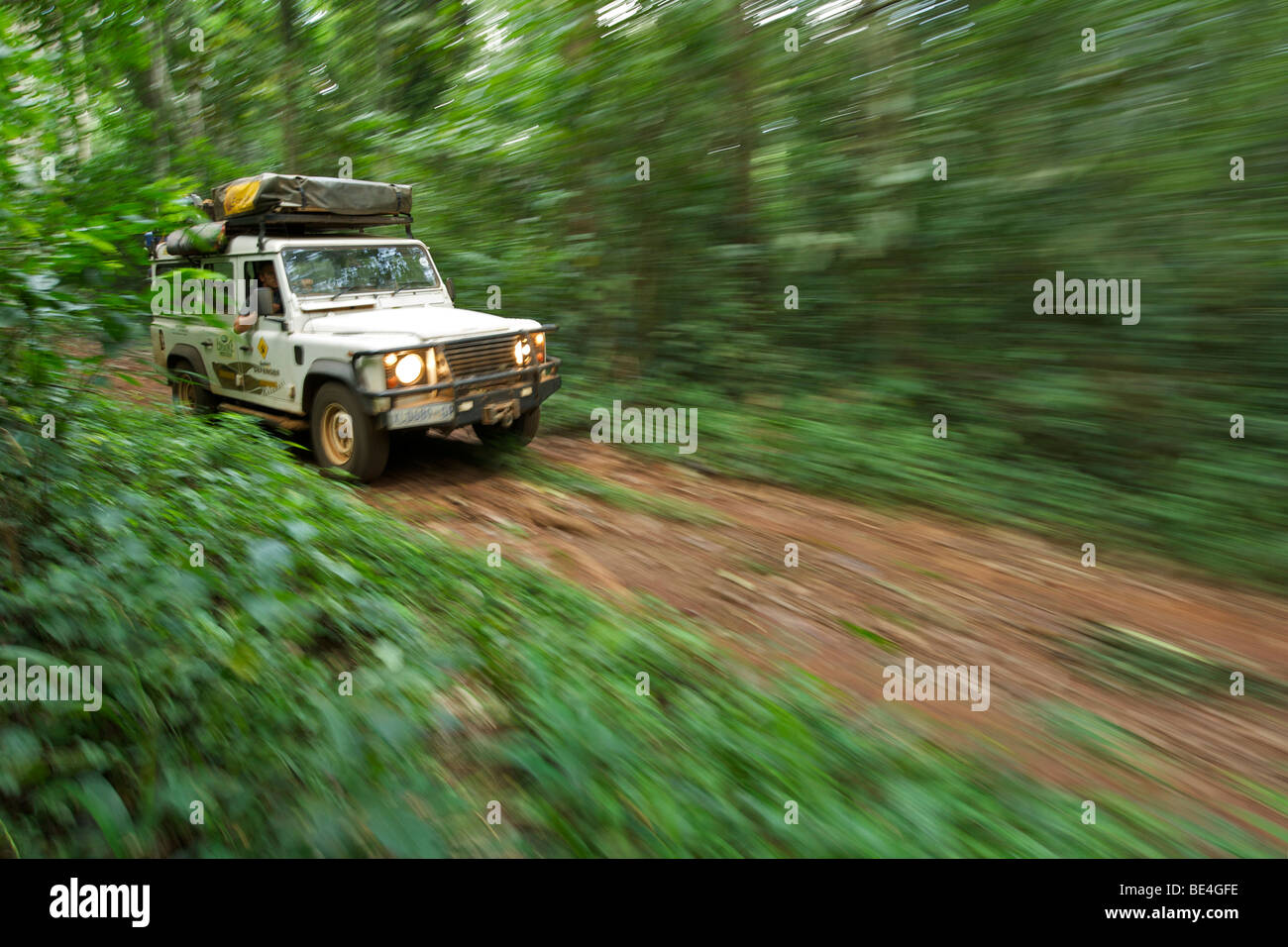 Land Rover Defender in the Budongo Forest Reserve in Uganda. Stock Photo