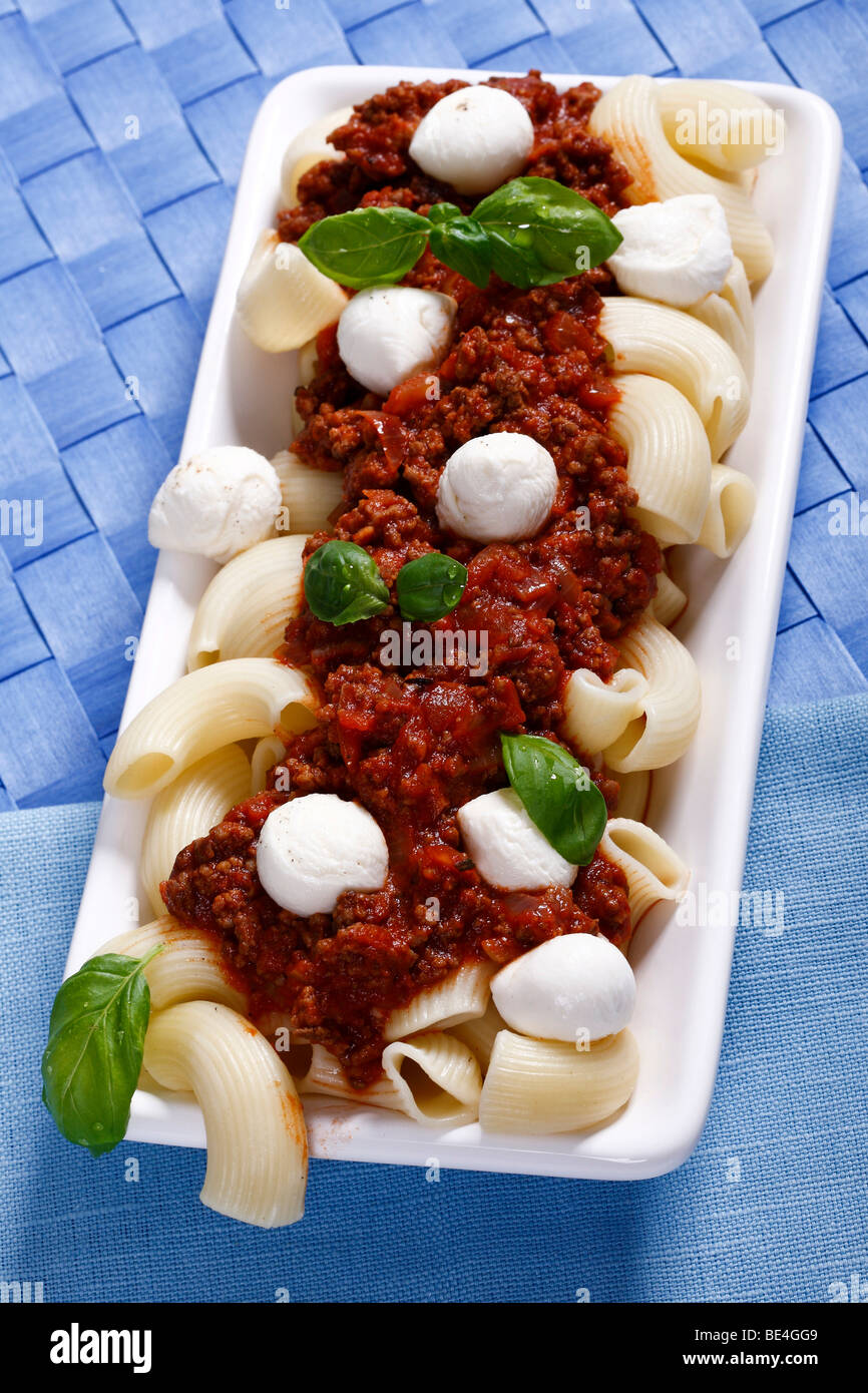 Pasta with Bolognese sauce, mozzarella balls and basil Stock Photo Alamy