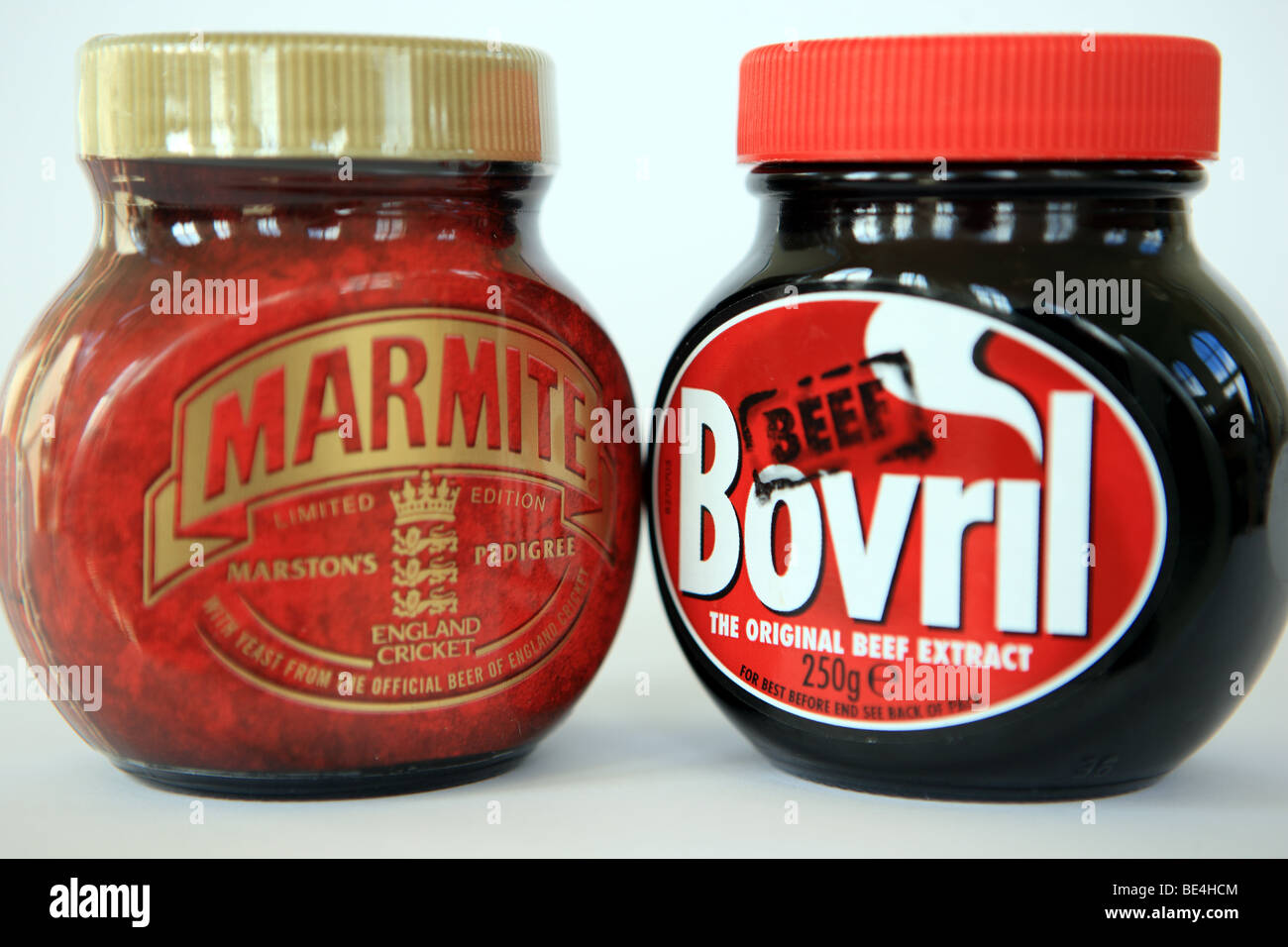 Glass jars of Bovril and Marmite Stock Photo