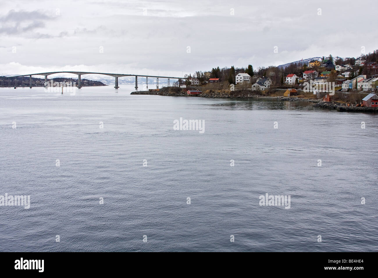 The bridge at Finnsnes, a small town of 5,000 people above the Arctic Circle along Norway's coast. Stock Photo