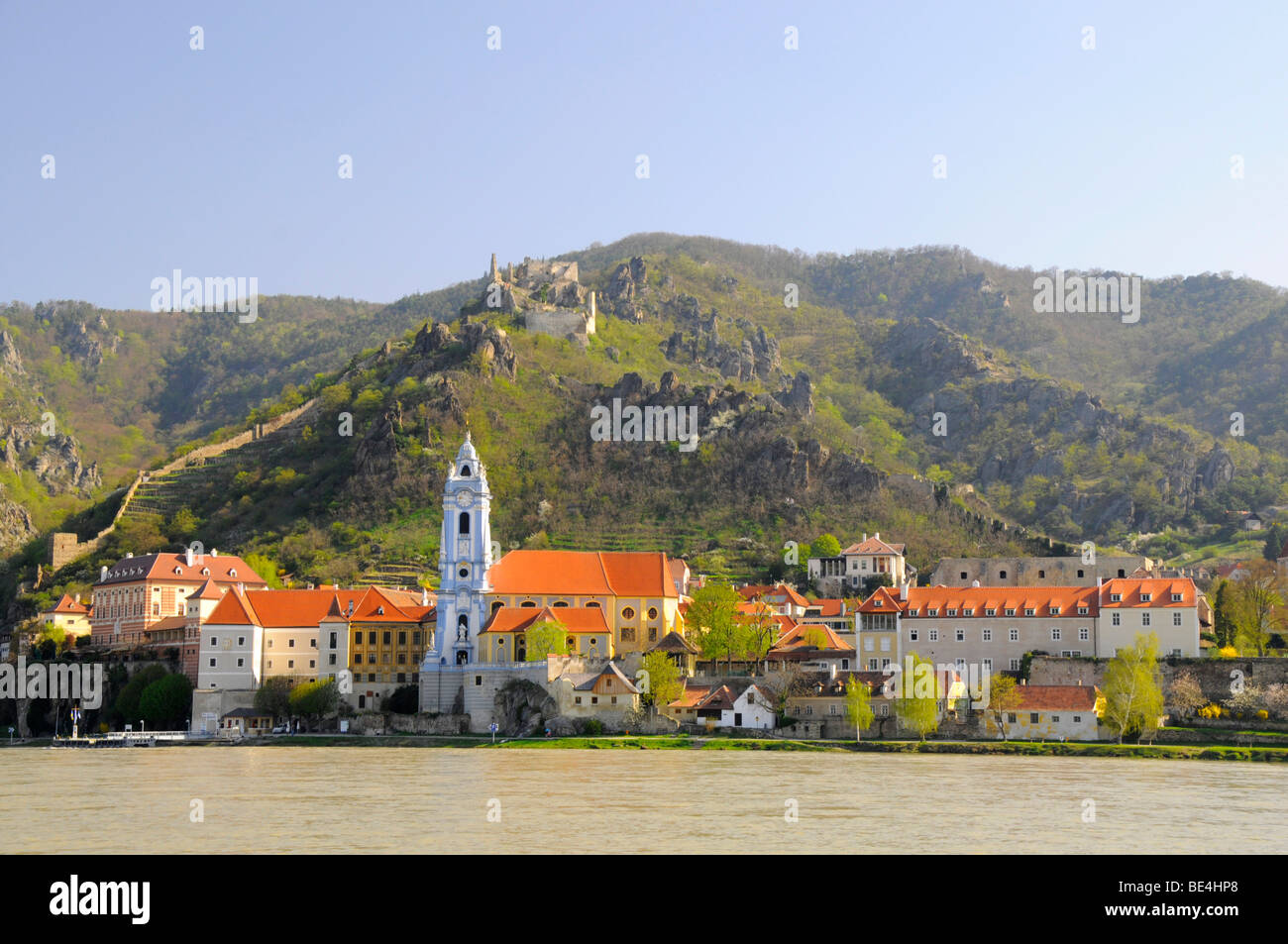 Overlooking the Danube River towards the town and castle ruins of ...