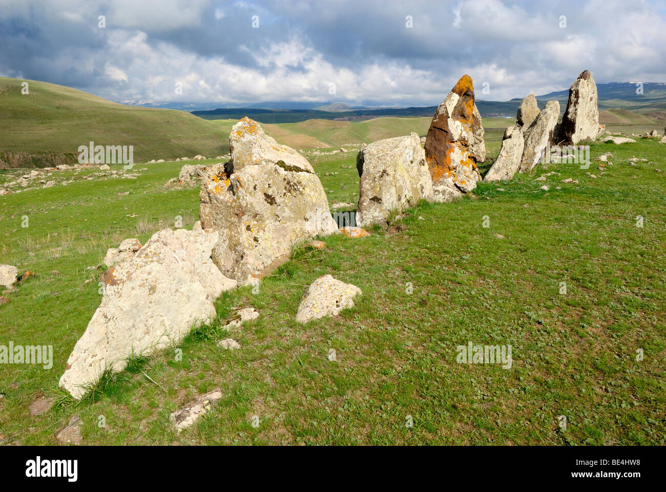 Zorats Karer, 6000 B.C. stoneage observatory, menhir of Karahunj, Cara Hunge, Armenia, Asia Stock Photo