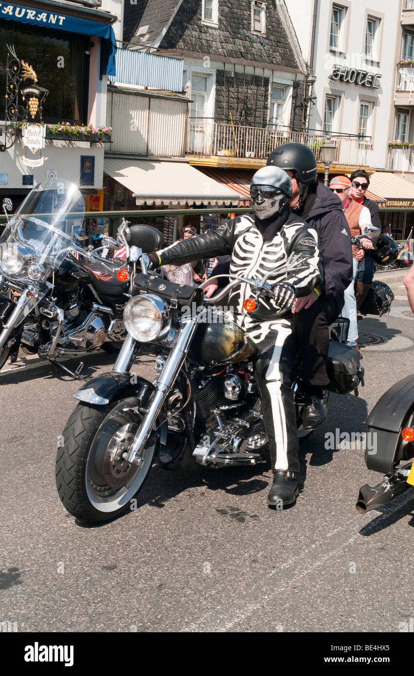 Harley Davidson event, biker in a skeletal suit, Ruedesheim, Hesse, Germany, Europe Stock Photo