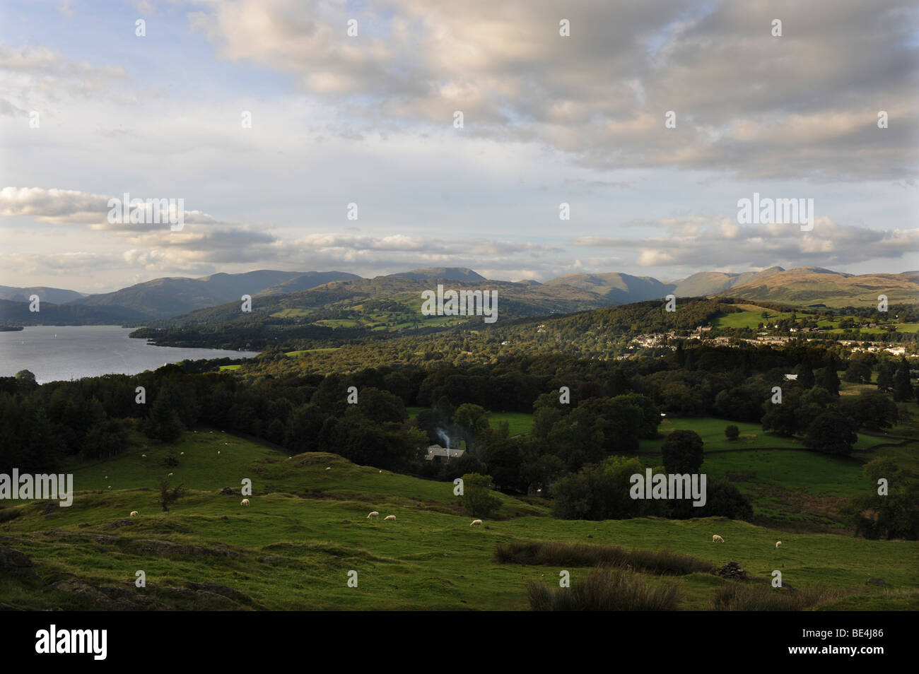 View from Brantfell above Lake Windemere and the town of Bowness in The Lake District in Cumbria UK Stock Photo
