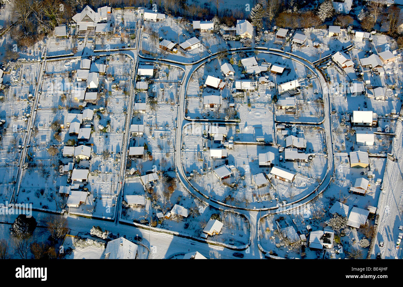Aerial photo, snow, winter, garden plots Bergerhausen, Essen, Ruhrgebiet, North Rhine-Westphalia, Germany, Europe Stock Photo