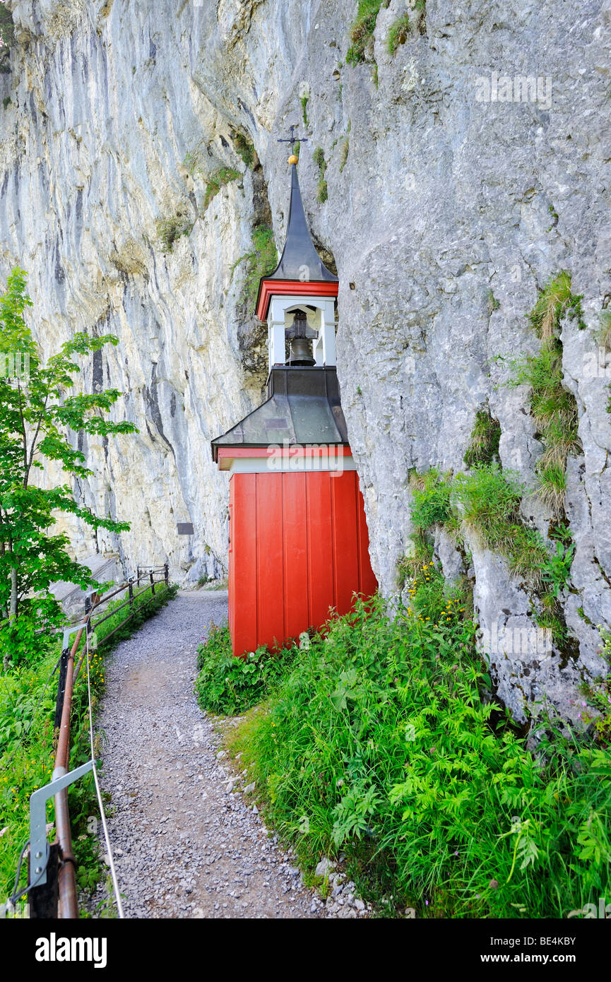 Bell tower of Wildkirchli caves below Ebenalp Mountain at 1400 meters, Canton of Appenzell Innerrhoden, Switzerland, Europe Stock Photo