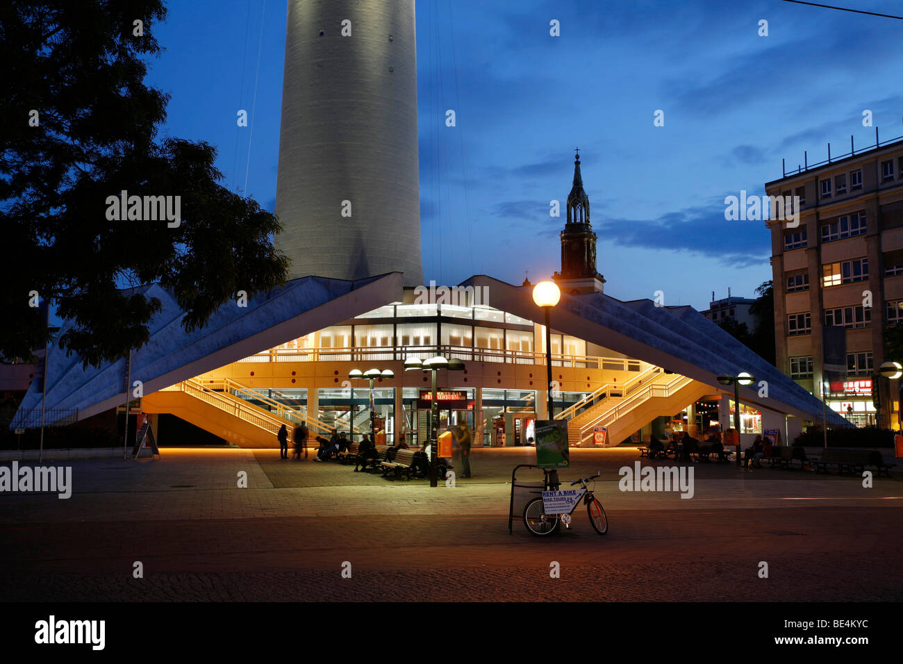 Forecourt of the Bahnhof Alexanderplatz station and Fernsehturm TV tower at the blue hour, Mitte district, Berlin, Germany, Eur Stock Photo