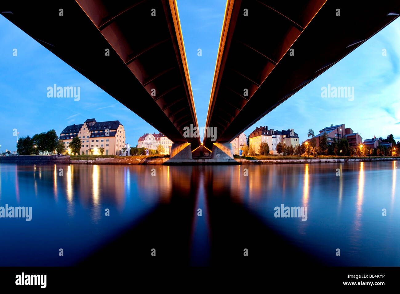 Night shot of the Nibelungenbruecke bridge with the Danube river in Regensburg, Bavaria, Germany, Europe Stock Photo